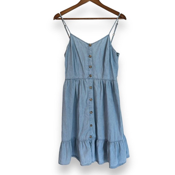 Japna Dresses & Skirts - Japna 100% Cotton Chambray Dress Size L Blue Ruffle Smock Denim Jean Cowgirl